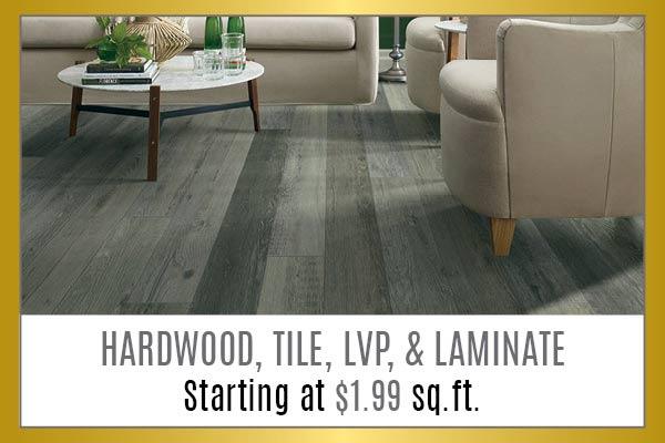 Hardwood, tile, LVP, laminate starting at $1.99 sq. ft.
