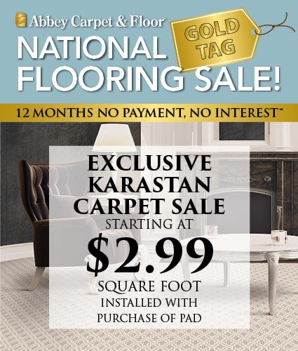 Exclusive Karastan carpet sale starting at $2.99 sq. ft. installed with purchase of pad